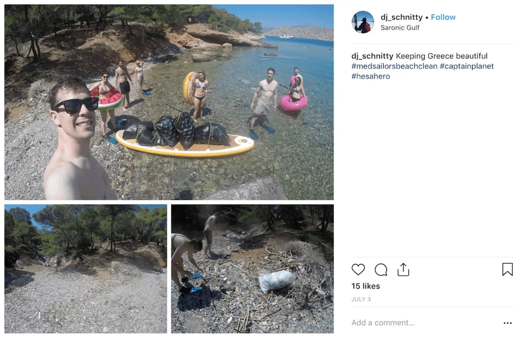 Group beach cleanup in Greece Instagram snapshot